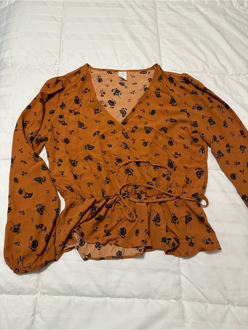 Womens Rust Floral Faux Wrap Blouse with Tie Waist